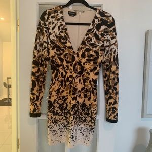 Bebe Animal Print Body Con Mini.  Creme, Black and Gold.  Size 0